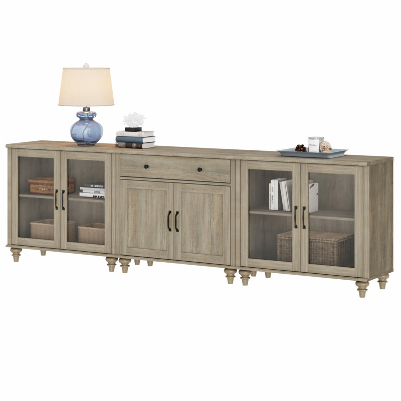 Sideboard Buffet Cabinets With 4 Glass Doors And A Drawer, Farmhouse Wood Large Sideboard Credenza For Dining Room, Modern Ample Storage Cabinet For Living Room, Wash Grey, 102 Inch