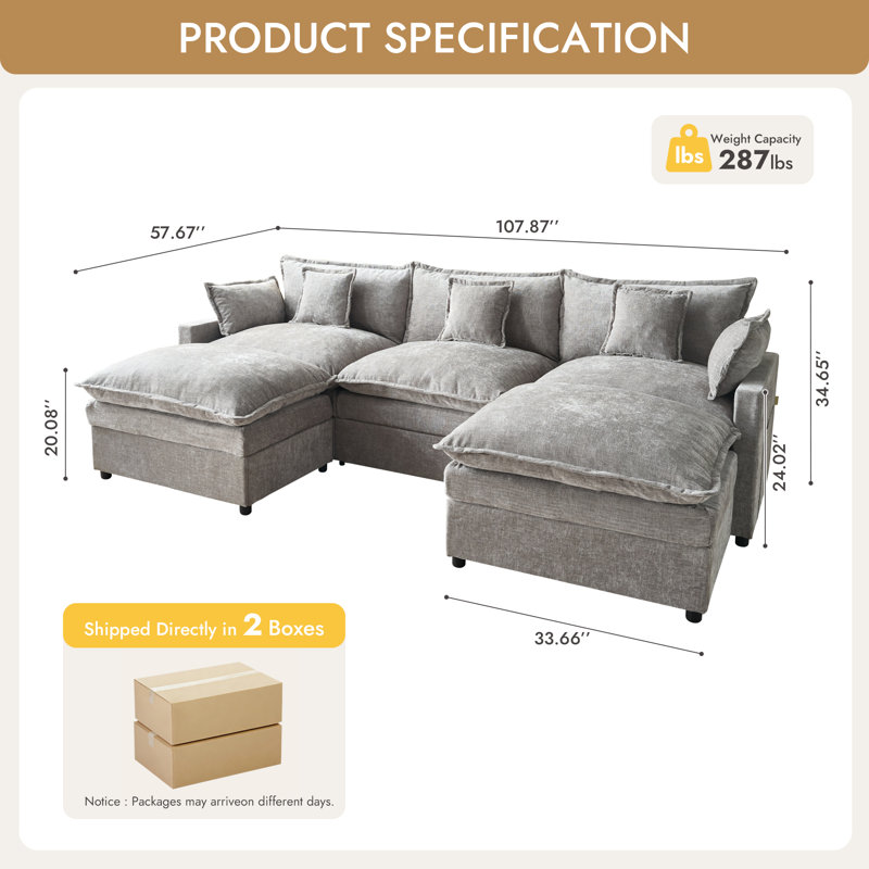 Canapé modulaire 107 po avec repose-pieds 107 po, Gris chenille