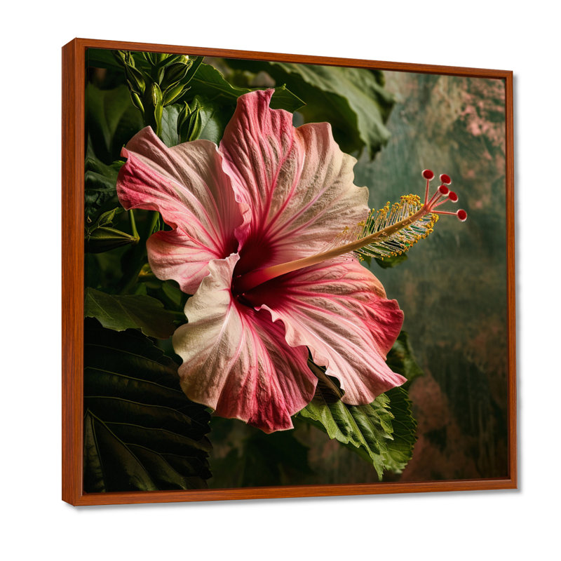 Hibiscus fleur tropicale en gros plan dans la nature - Hibiscus Wall Art Decor, Cadre flottant brun, bois massif