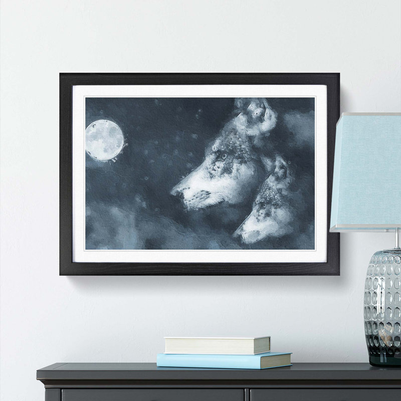 Wolves in the Moonlight - Picture Frame Painting Print, 48cm H x 65cm W x 2cm D, Black Framed