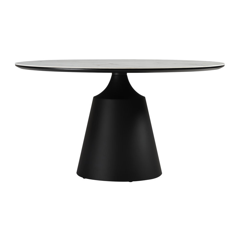 Crebessa 55" Round Modern Pedestal Dining Table with Stone Top and Black Metal Base