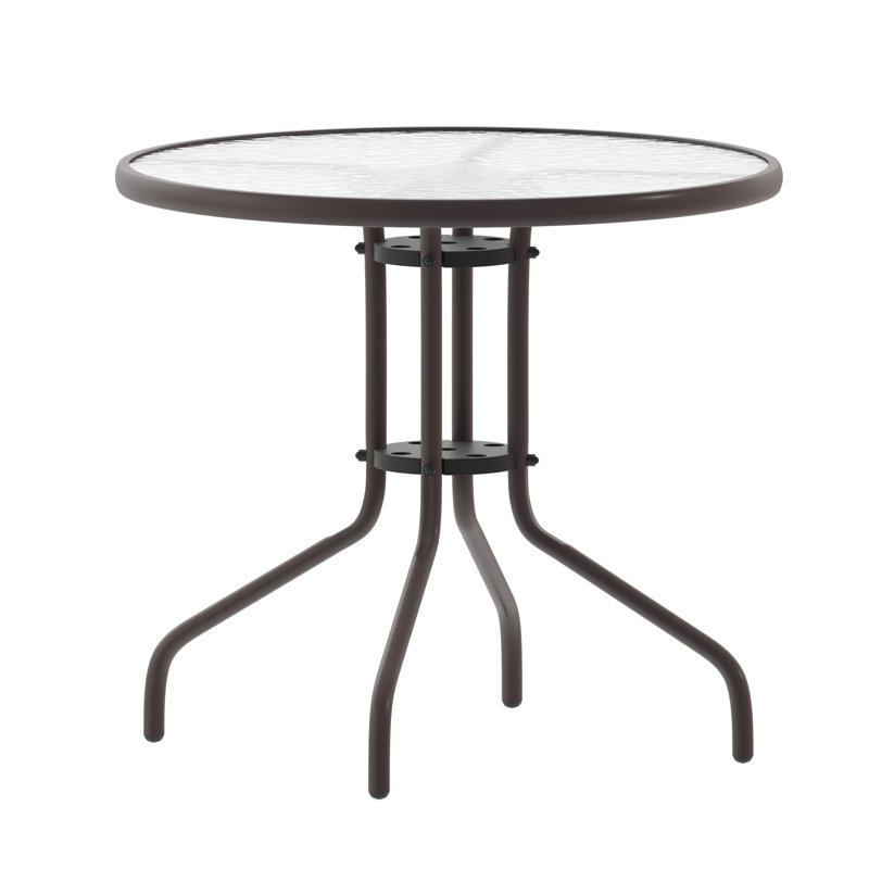 Amlie 31.5" Round Tempered Glass Metal Table with Smooth Ripple Design Top, Clear/Bronze