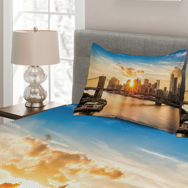 King Size White Microfiber Quilted Bedspread Set with Cityscape Design