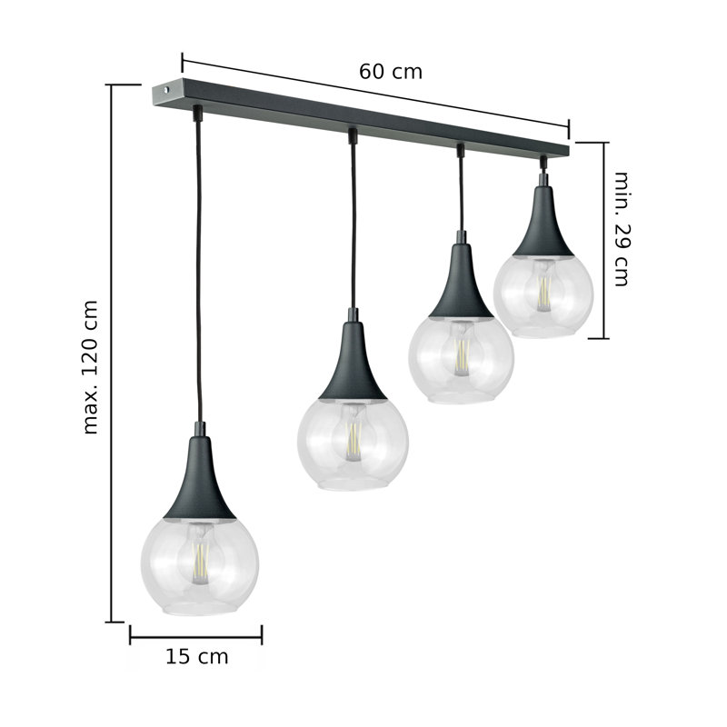 Olin - Light Clear Black Kitchen Island Pendant, Clear Black, 29cm H x 60cm W x 60cm D, 4