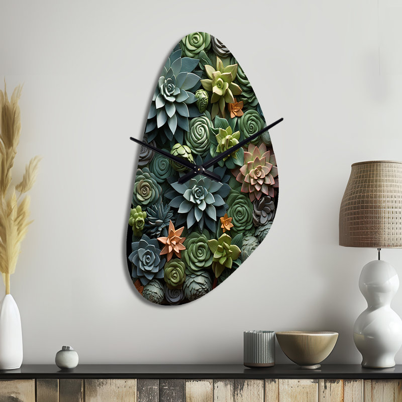Green Succulents Natures Sculptures - Fall Shape Unique Succulent Wall Clock, Large