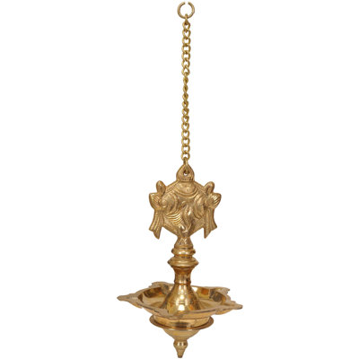 Lampe de temple en laiton fabriquée à la main - conception Panchajanya Shankha, cinq mèches Diya, suspension à chaîne complexe, décor sacré pour autel, entrée, jardin