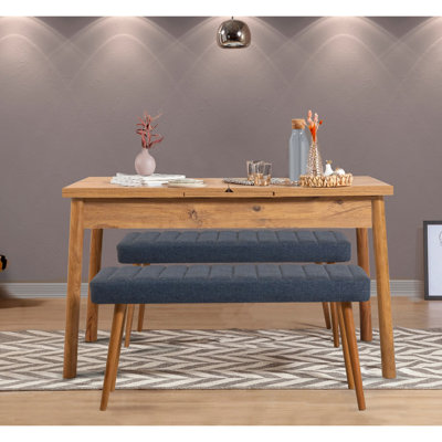Modern Extendable Dining Table & Bench Set (3 Pieces), Atlantic Pine & Dark Blue | Table 47.2 x 29.5 x 29.5 inches, Opens to 61.0 inches | 100% Melamine Coated Particle Board, Scandinavian Design for Stylish Dining
