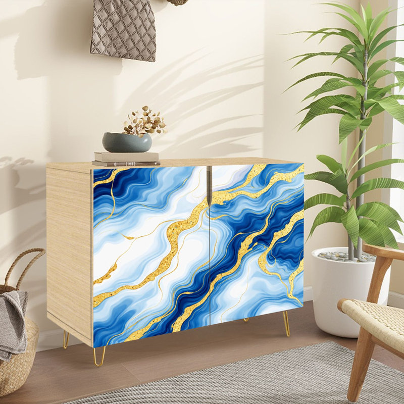 Buffet étroit de 35,4 po de largeur - armoire de rangement d'appoint à 2 portes avec impression abstraite en marbre bleu doré et pieds en métal
