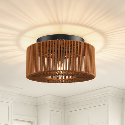 1 - Light 13.8" Dimmable Rattan Drum Flush Mount