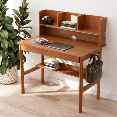 Solid Wood Desk With Drawers & Shelves - 39 Inch Mid Century Modern Desks, Computer Desk With Hutch, Vintage Desks With Bookshelf & Hooks, Writing Stu