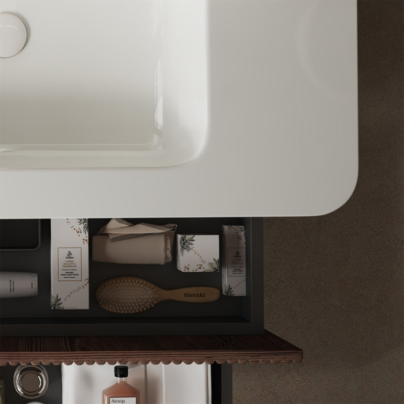 36" White and Deep Walnut Wall-Mounted Plywood Bathroom Vanity with Sink