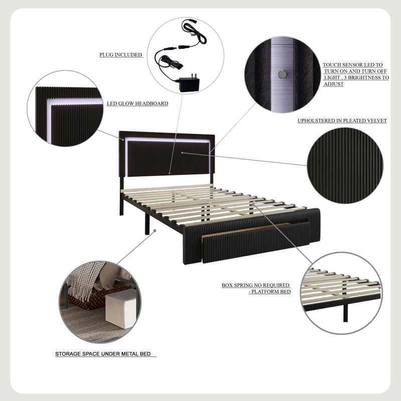 Gouker Corduroy Tufted Upholstered Storage Platform Bed, Gray, King