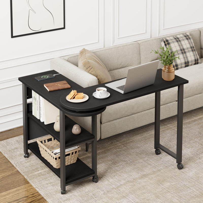 360° Rotating Side Table with Charging Station & Storage Bag, 6 Lockable Wheels, Mobile Swivel End Table for Bedroom, Living Room