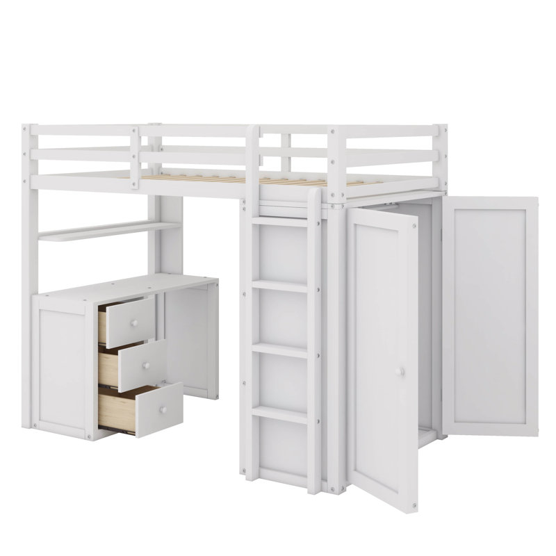 Lit mezzanine simple avec tiroirs intégrés, bureau et garde-robe, Blanc