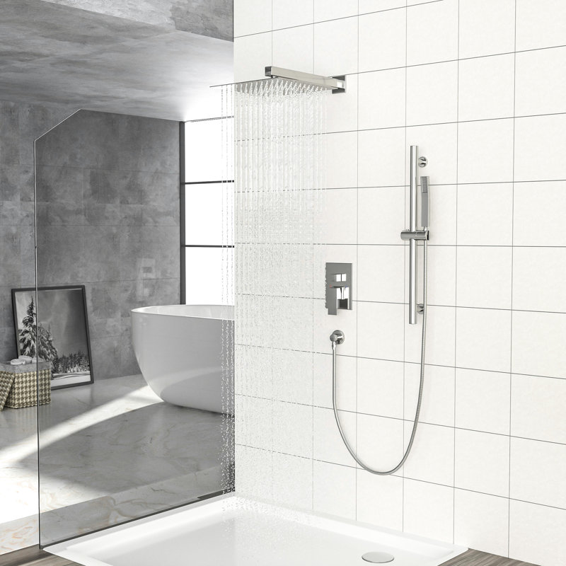 10 Inch Square Wall Mounted Shower System With - Balanced Valve, Adjustable Slide Bar, Rainfall And Handheld Shower, Easy Installation, Brushed Nickel Finish Head, 26.18 Scald Dual Function,