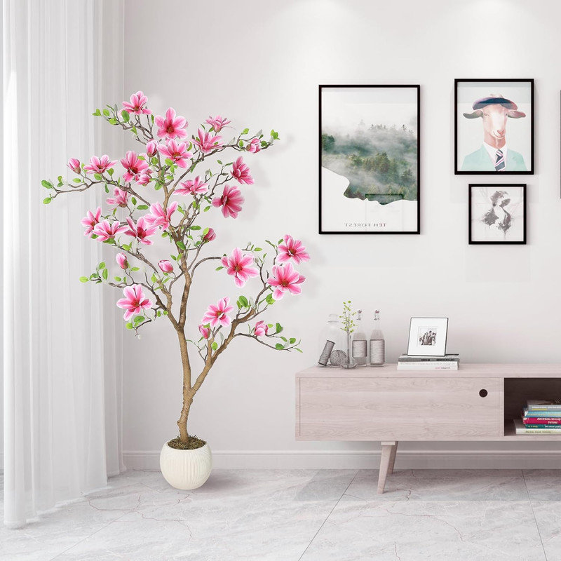 5FTA Arbre de magnolia artificiel avec de vraies feuilles de contact et des fleurs en soie pour l'extérieur, 60 po x 35,4 po