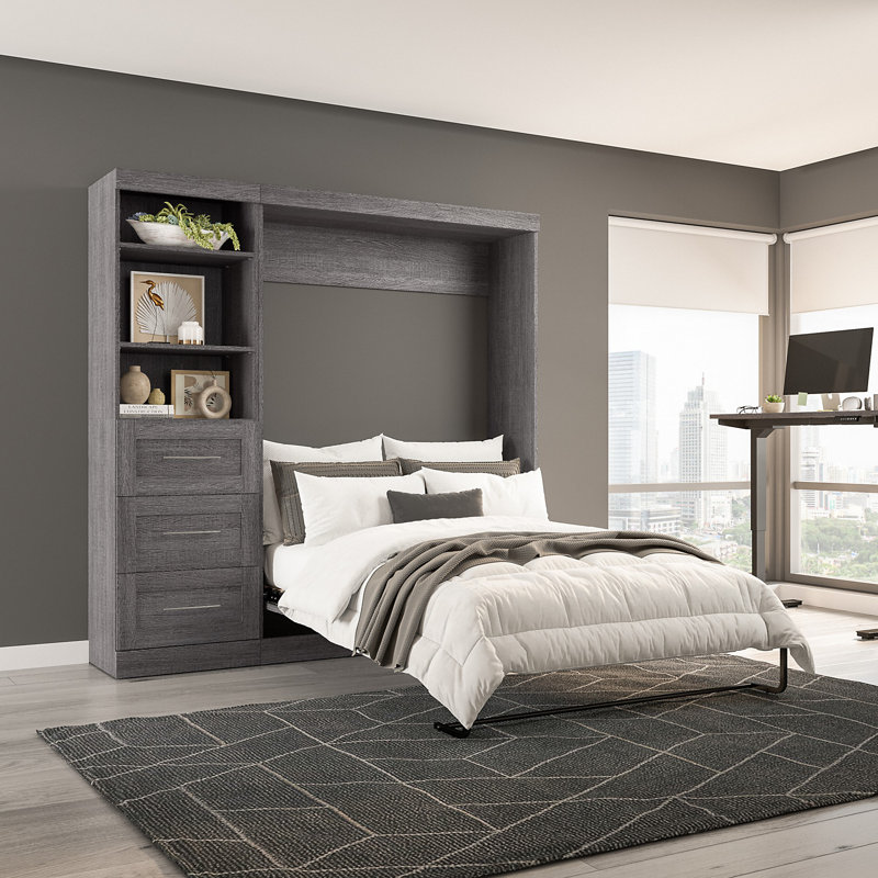 Arlex Murphy Bed with Shelving and Drawers, Full, Bark Gray