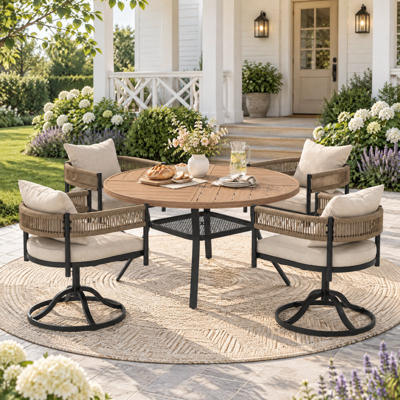 Ensemble repas extérieur pour 4 personnes avec chaises pivotantes en osier, Noyer / beige