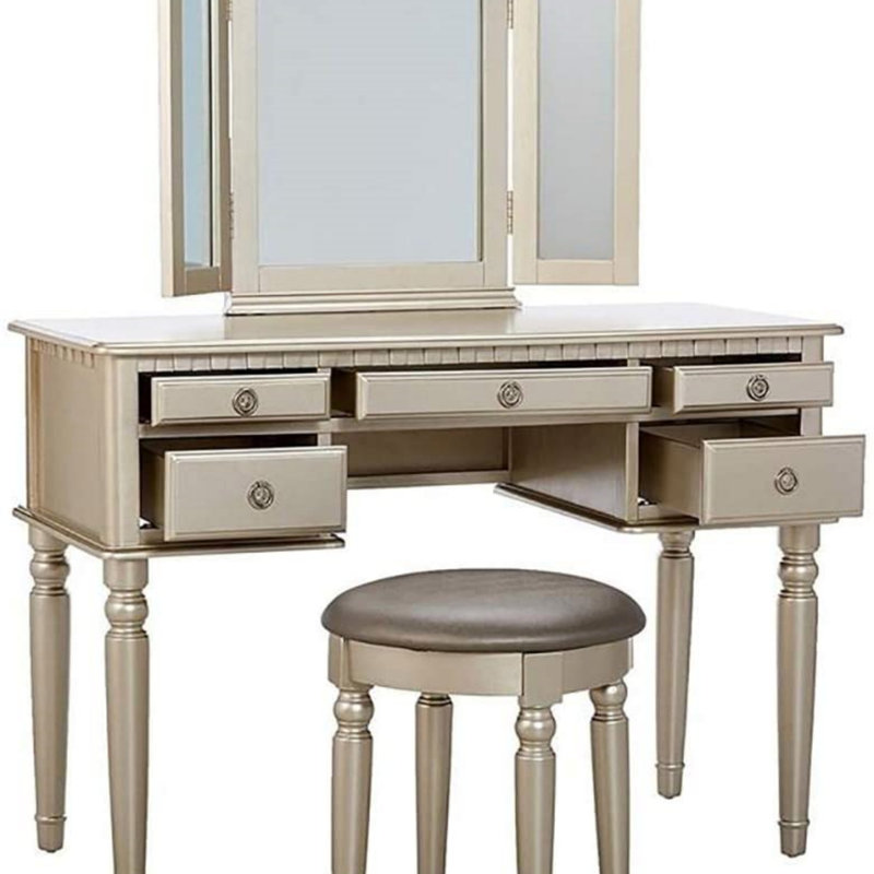 Bedroom Contemporary Vanity Set W Foldable Mirror Stool Drawers, Silver