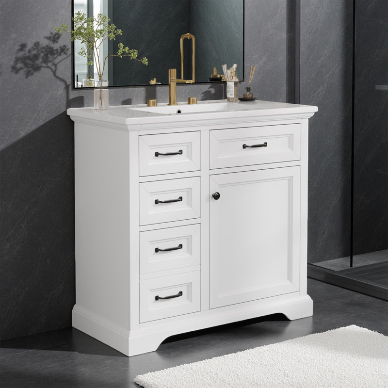 Meuble-lavabo élégant avec comptoir en céramique - armoire de rangement autoportante de 36 pouces avec 4 tiroirs et 1 porte à fermeture en douceur, noir