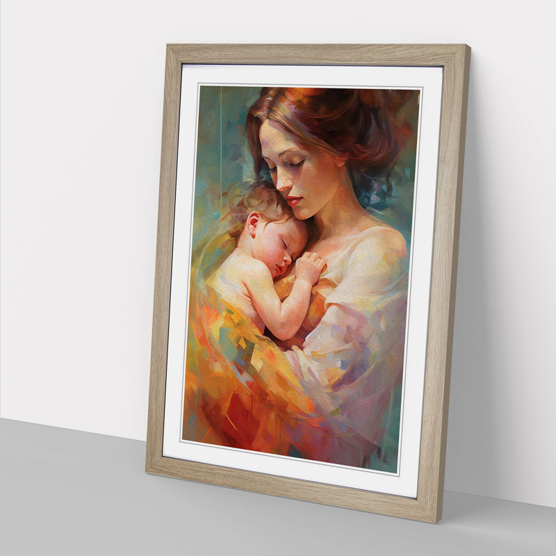 XYZ-FRM-V1223-4560 Mother And Baby Contemporary - Single Picture Frame Print on Wood, Oak , 46cm H x 34cm W x 2cm D