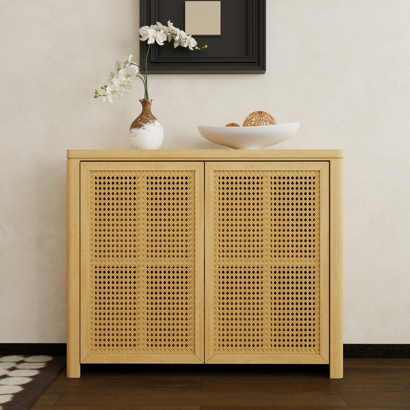 39" Mid Century Modern Rattan Storage Cabinet With 2 Outlet Holes And Shelves, Natural