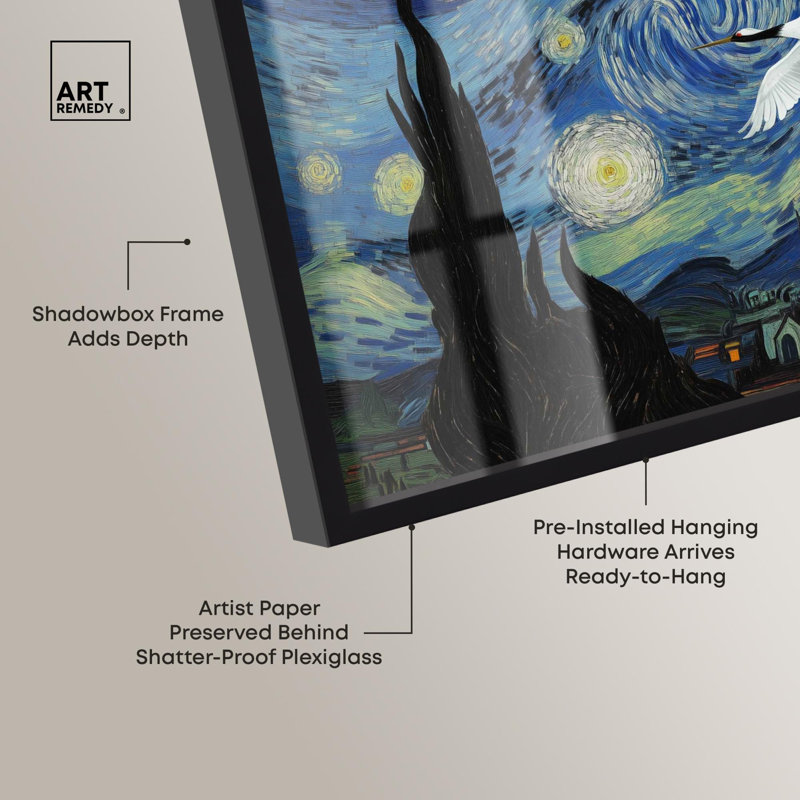 «Crane Starry Night Shadowbox» par Pet Remedy, H 11 po x l 16 po, Noir