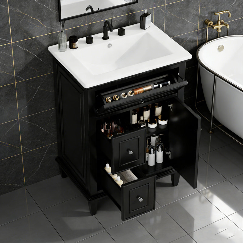 Meuble-lavabo de salle de bain avec lavabo, un tiroir rabattable et deux tiroirs, Noir