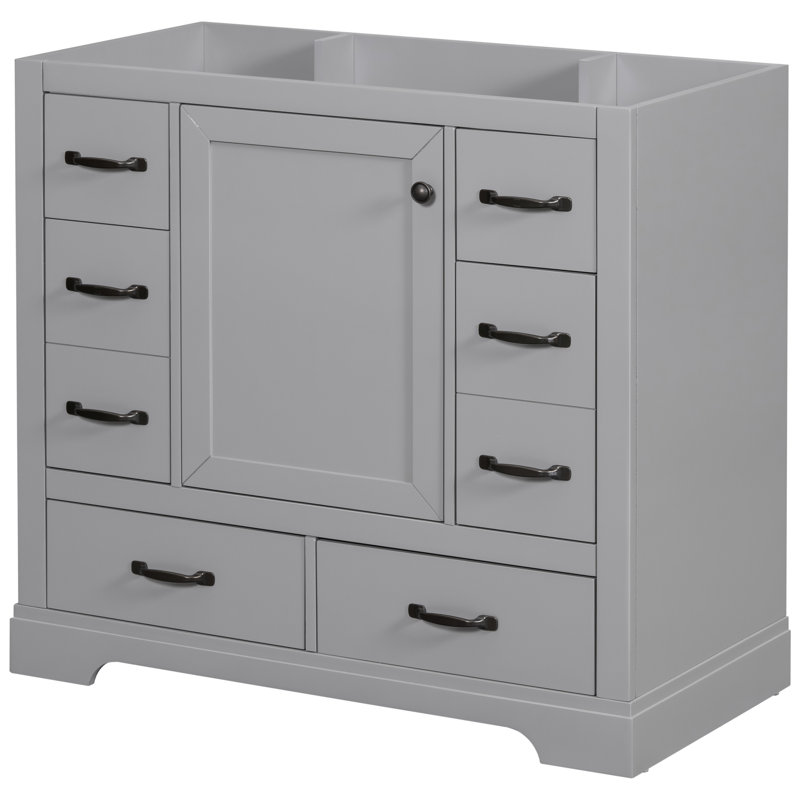 Meuble-lavabo 36 po, finition grise, 6 tiroirs, tablette réglable, armoire moderne en bois massif, gris, Gris