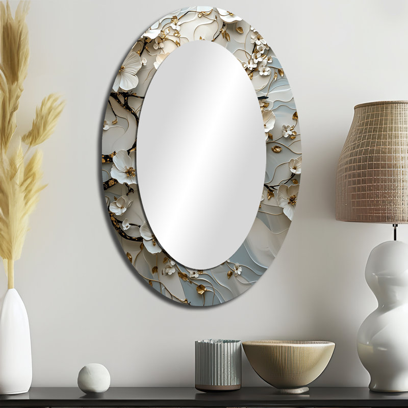 Birds Love Under A Gold White Orchid Tree Garden IV - White Oval Wall Mirror Decor, 36" x 24"
