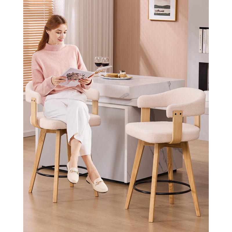 Tabouret de bar pivotant revêtu de lin 26 po, 2, Boucle blanc, Chêne