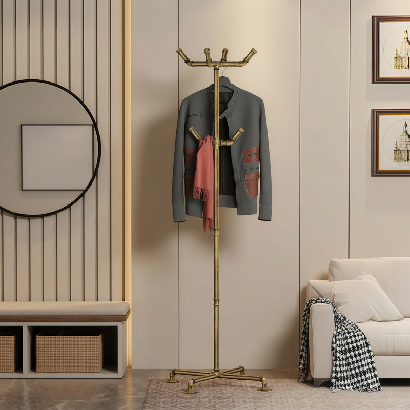 Retro Gold Industrial Style Metal Coat Rack, With 6 Hooks For Convenient Hanging, Independent Heavy-Duty Design, Sturdy And Durable, Suitable For Various Spaces.