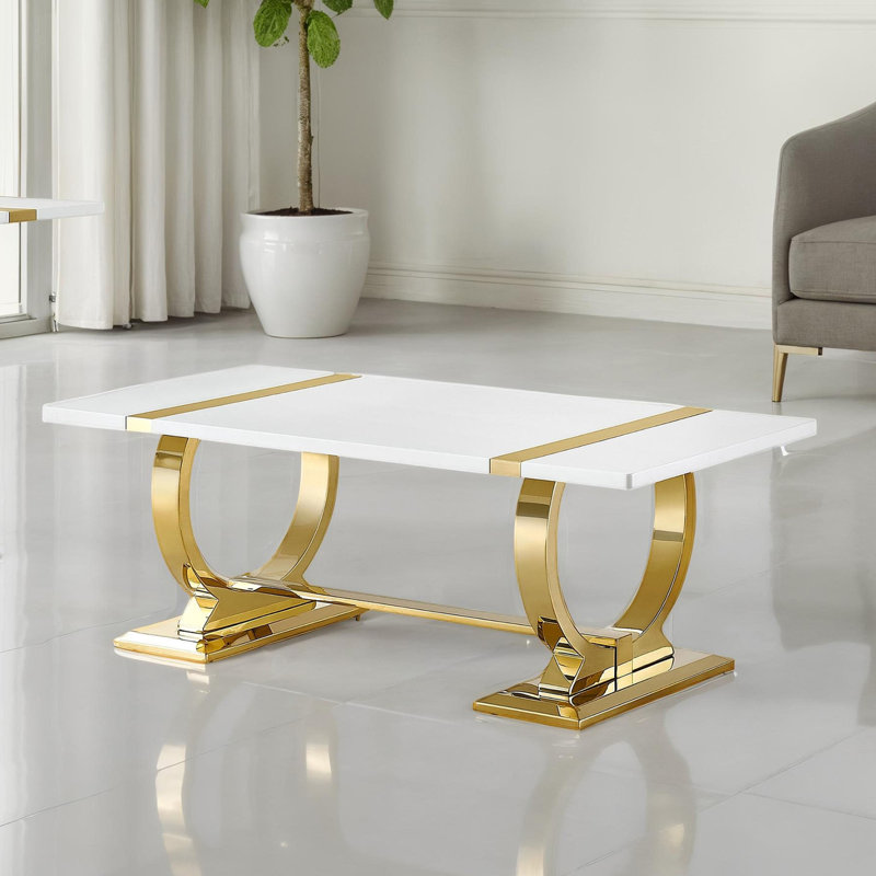 Table basse de style contemporain avec table à tréteaux et plateau rectangulaire, Plateau blanc / base or