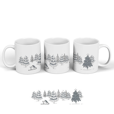 Robin and  Trees In Snow Christmas Line Illustration Monochrome Ceramic Classic Mug