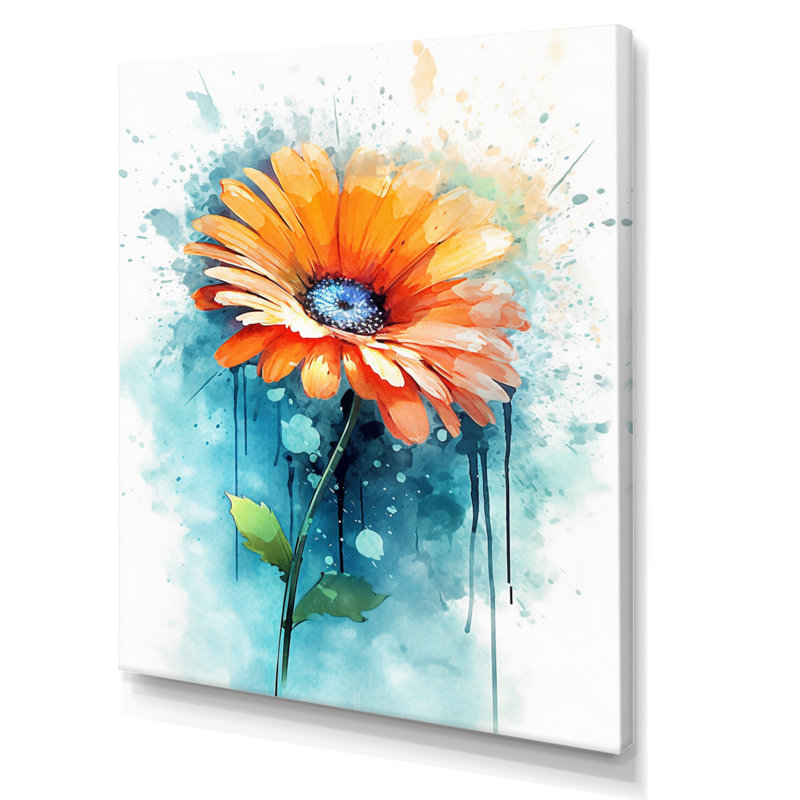 Fusion de marguerite orange et sarcelle sur toile, H 32 po x l 16 po x P 1 po, Toile tendue