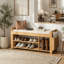 Banc de rangement pour hall d'entrée avec sièges rembourrés confortables et structure en bambou naturel, parfait pour les espaces étroits