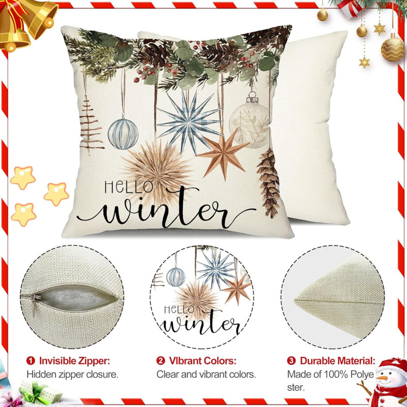 Housses de coussin de Noël 18 x 18 pouces, ensemble de 4 gants de sapin de Noël Hello Winter, Bleu / blanc