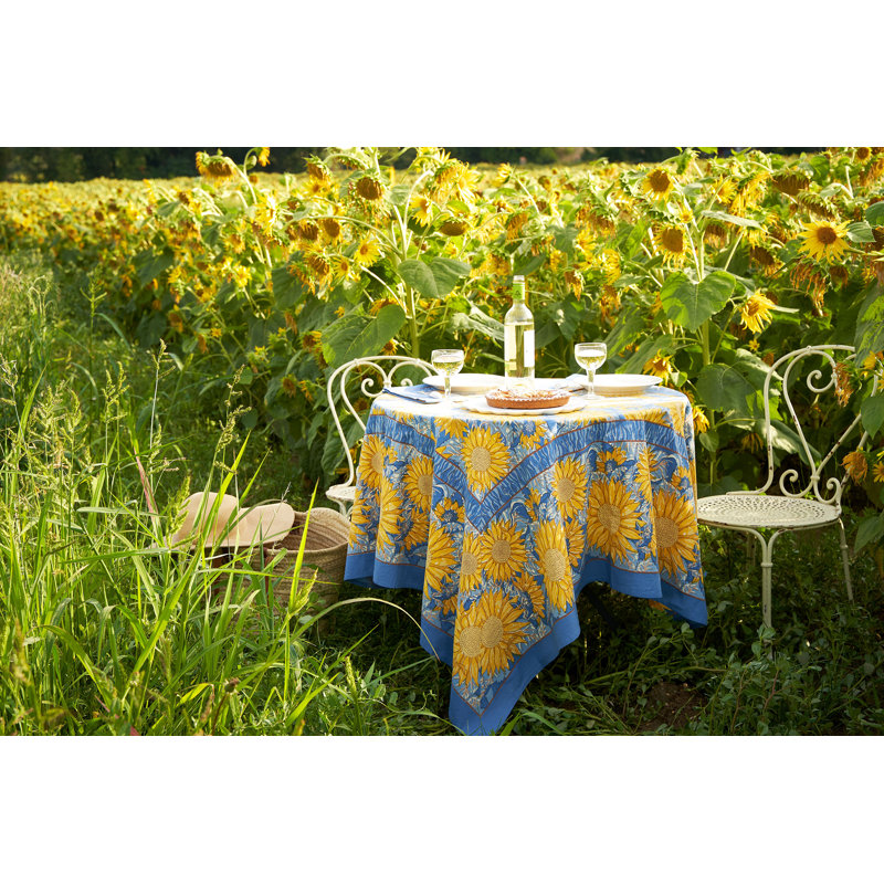 Sunflower Handmade Floral Tablecloth, Blue, 90" W x 90" L