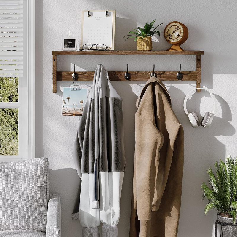 With Hooks Sfugno Wooden Hanger With Storage, Wall Mounted Coat