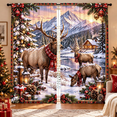 2 pièces rideaux de Noël enneigés avec imprimé de wapiti, tissu filtrant la lumière des cabanes de forêt, conception de passe-tringle, lavable à la machine, pour le salon, la chambre, le balcon, la décoration festive