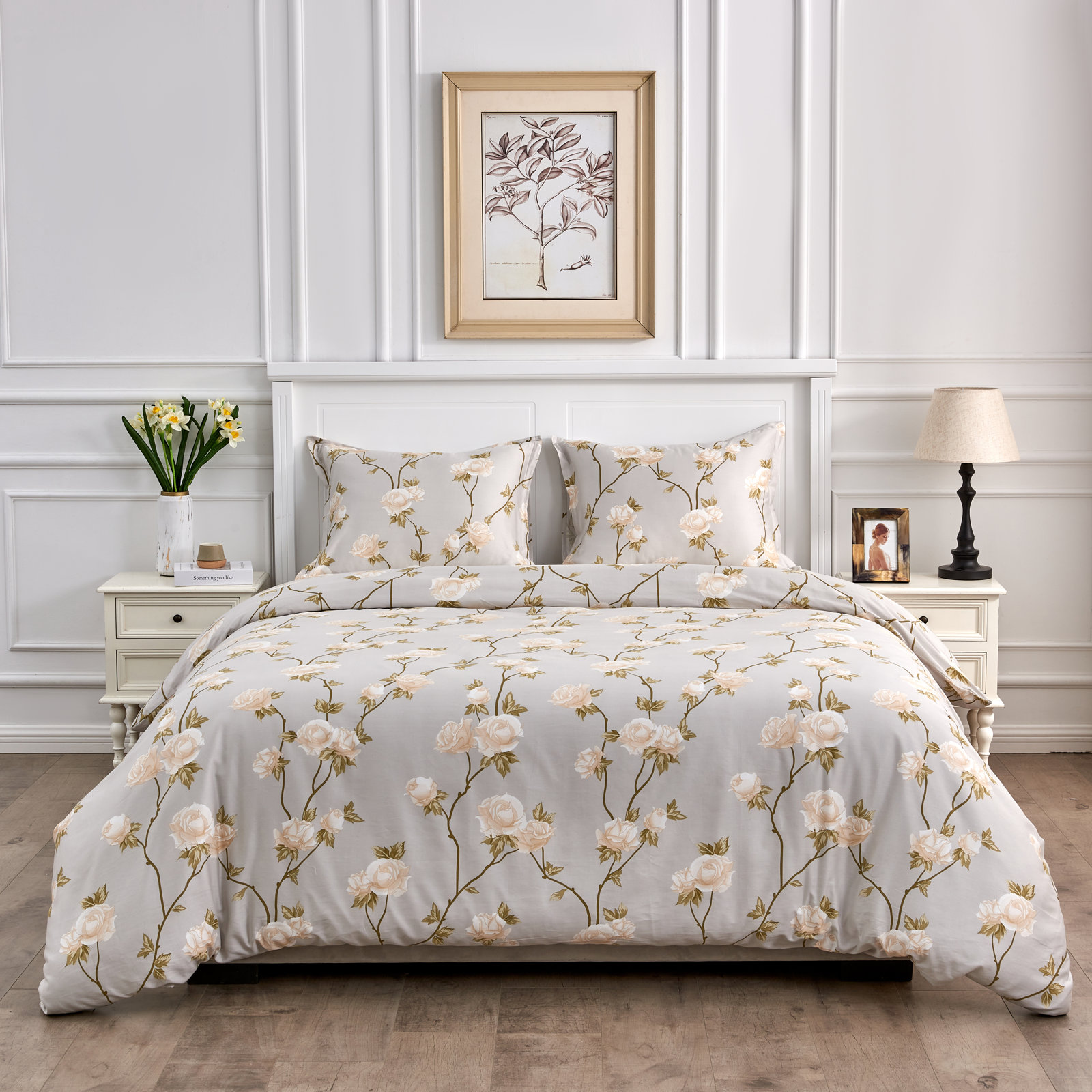 Auren Gray/Cream Standard Cotton Duvet Cover Set, King Duvet Cover + 2 King Sham
