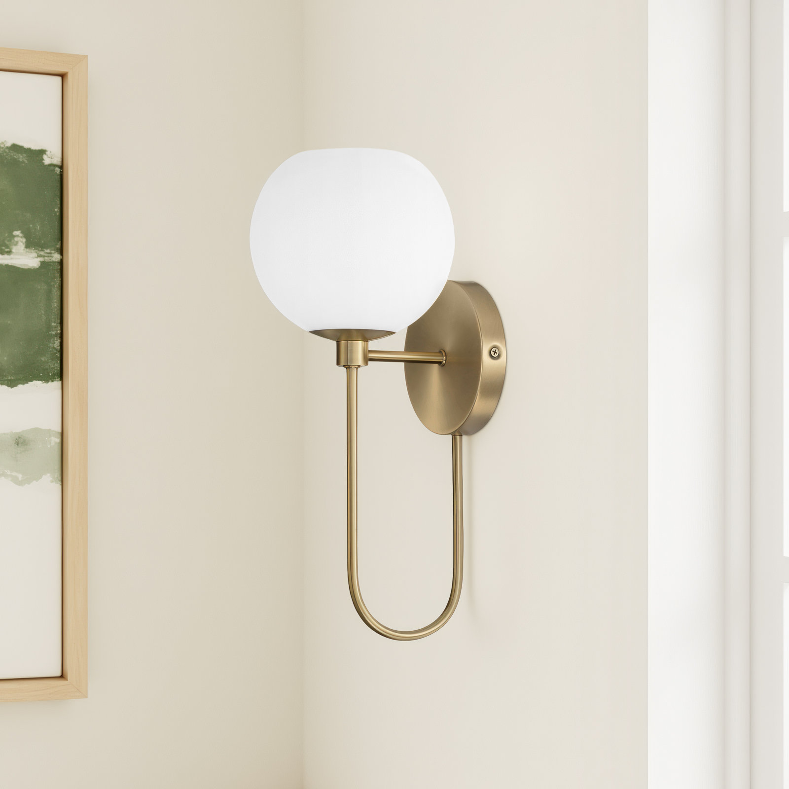 Ansley Single Light Glass Dimmable Armed Sconce, Aged Brass