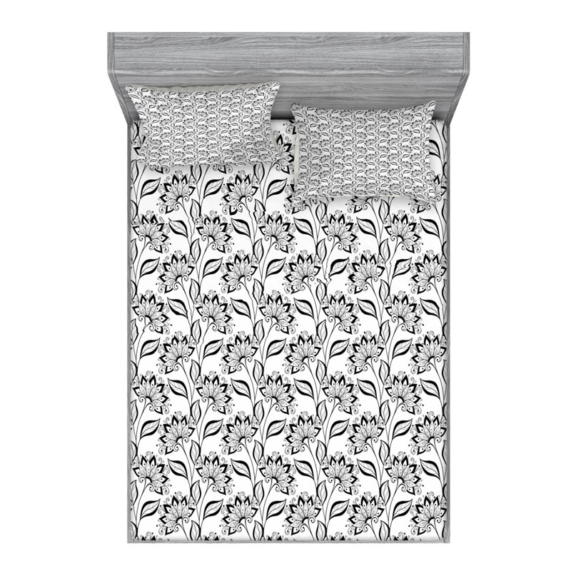 Microfiber Floral Fitted Sheet, Queen Fitted Sheet with 2 Pillowcases
