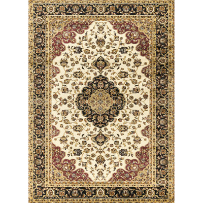 Tapis crème de style classique, 2 pi 7 po X 3 po, tissu en polypropylène, profondeur 87, largeur 31, hauteur 0,43, poids traditionnel de 8,2 lb avec motif intemporel et médaillon, maquillage,