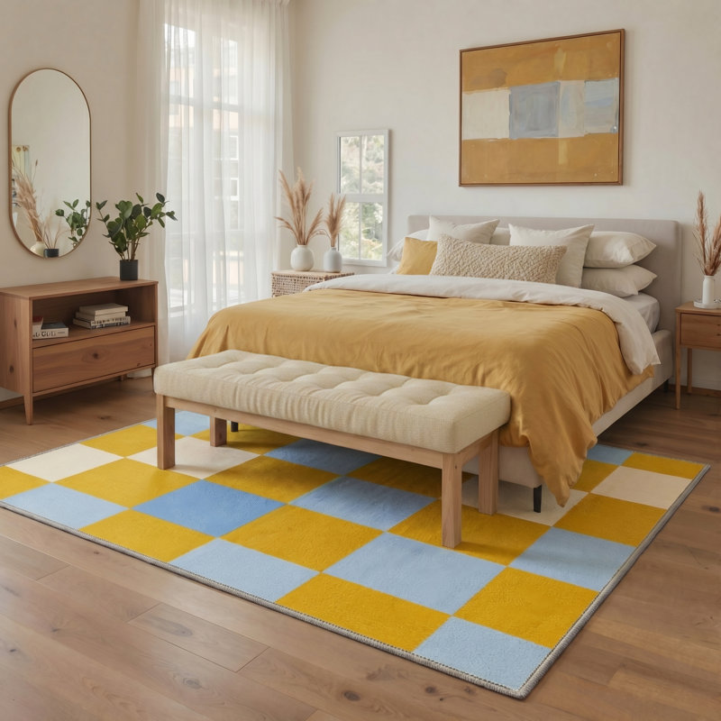 Liadan Gridlock Geometric Checkerboard Machine Washable Yellow / Blue / Beige Indoor Area Rug with Non-Slip Backing