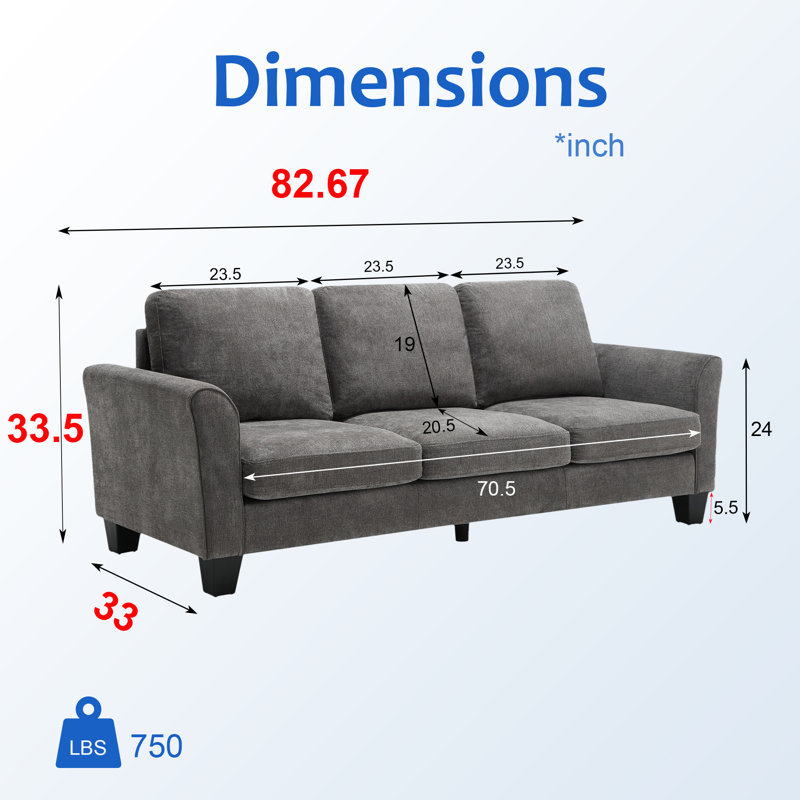 Keally 80.76" Deep Seating 3 Seater Sofa, Dark Gray