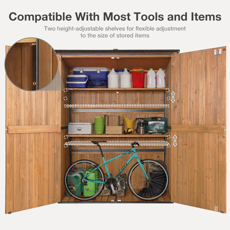 Outdoor Storage Shed With Floor - Waterproof Natural Fir Cabinet With Adjustable Shelves And Double Lock For Anti-Theft - Suitable For Storing Garden Tools, And Household Debris