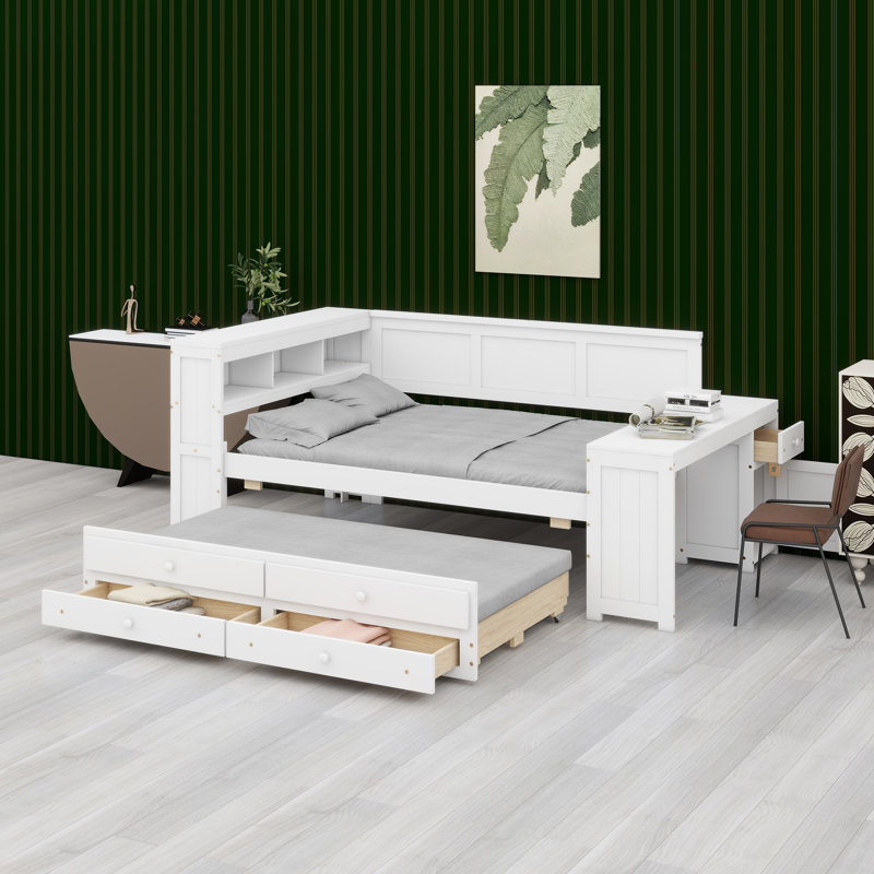 Daybed With Storage Shelves,Drawers,Trundle, White