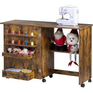 Folding Sewing Table with Wheels, Shelves, Bins, Pegs, Magnetic Locks