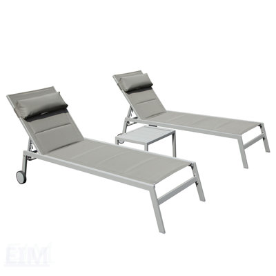 Outdoor Patio Chaise Lounge Set Of 3, Aluminum Pool Chairs With Side Table And Wheels, Textilene Padded Adjustable Recliner For All-Weather Use